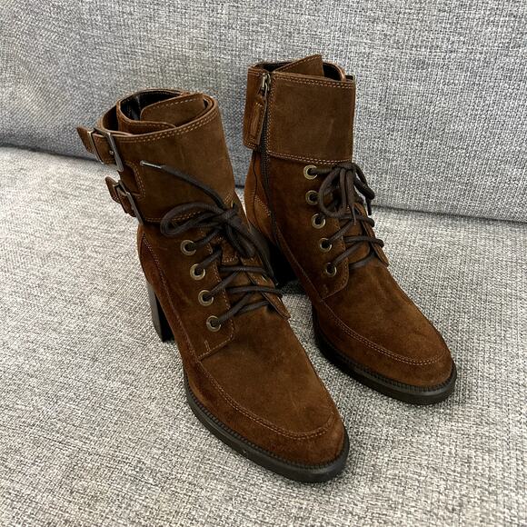 EUC Aquatalia Irene Brown Suede Boots Sz 8.5 Heeled Buckle Lace Up Ankle Booties - Picture 9 of 16
